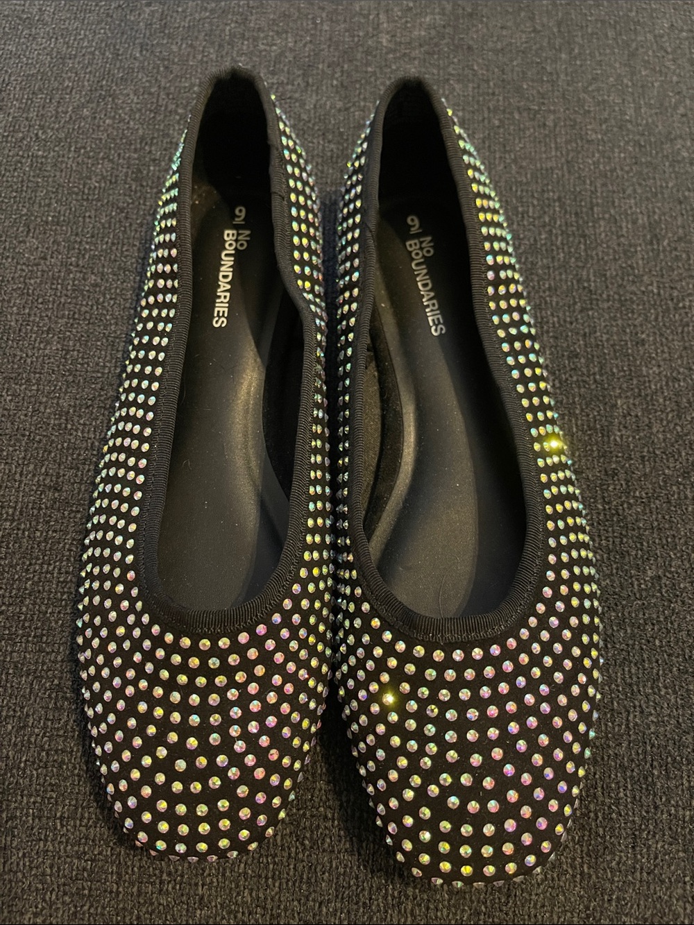 New No Boundaries Black Iridescent Rhinestone Flats